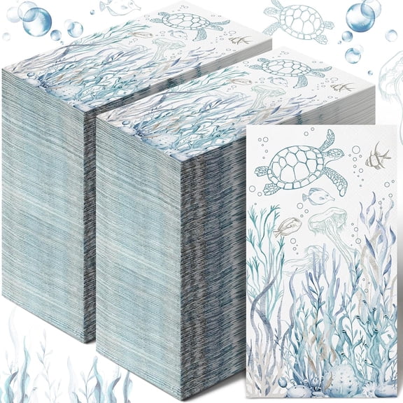 200 Pcs Coastal Turtle Bathroom Paper Guest Towel 2 Ply Summer Guest Napkins Blue Bathroom Paper Hand Towels Jellyfish Dinner Nautical Napkins for Wedding Baby Shower Holiday Party
