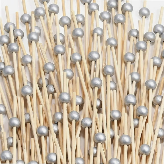 200 Pcs Cocktail Picks, 4.7 Inch Toothpicks for Appetizers, Bamboo Cocktail Sticks Skewers for Drinks, Desserts, Charcuterie, Wedding Party Fancy Toothpicks, Silver Pearl Mini Food Picks Decorative
