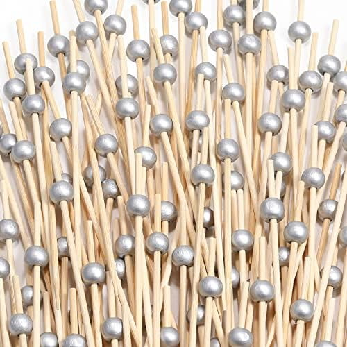 200 Pcs Cocktail Picks, 4.7 Inch Toothpicks for Appetizers, Bamboo Cocktail Sticks Skewers for Drinks, Desserts, Charcuterie, Wedding Party Fancy Toothpicks, Silver Pearl Mini Food Picks Decorative