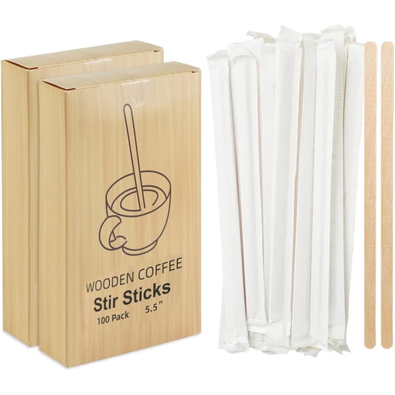200 Pcs Coffee Stirrers, 5.5 Inch Individually Wrapped Wooden Stir Sticks, Disposable Coffee Stirs with Smooth Round Ends for Coffee, Cocktails and Drinks
