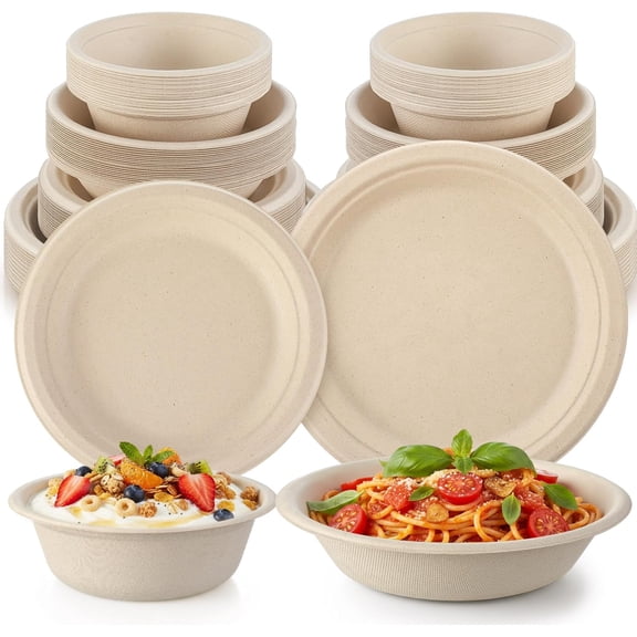 200 Pcs Compostable Paper Plates and Bowls Set 7 Inch 9 Inch Disposable Plate 16oz 24oz Biodegradable Bowls for Party Dinner 50-person Bulk Party Supplies