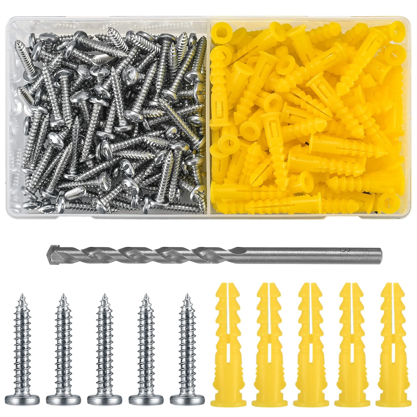 200 Pcs Conical Concrete Wall Anchors and Screws for Drywall, 10# Blue Conical Anchor and Self Tapping Screws, Includes 100 Pcs Drywall Anchors, 100 Pan Head Screw, 1 x Drill Bit (Blue)