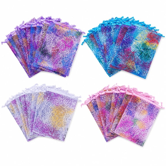 200 Pcs Coral Print Organza Bags, 4x6 Inch Sheer Mesh Drawstring Pouches, Mixed Color Small Gift Bags For Jewelry Candy Party Favors Wedding Birthday Bulk Packaging