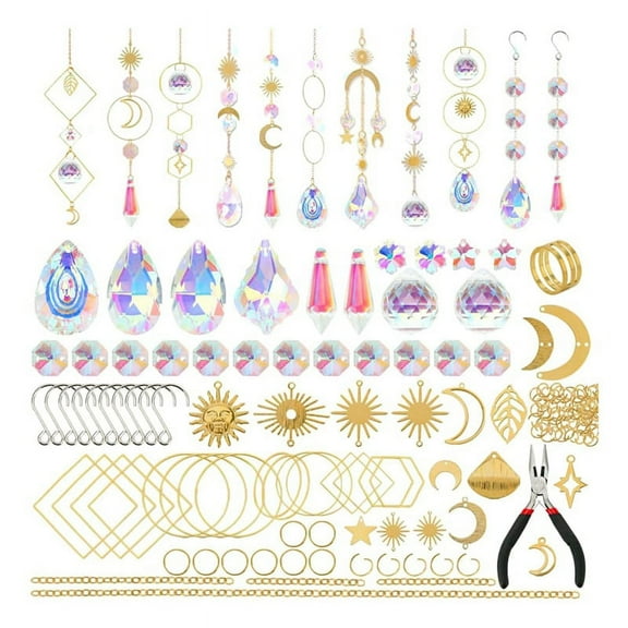 200 Pcs Crystal ,Sun Catchers with Crystals,Craft Kits for Adults, with Rainbow Maker, Prism, Pendants Gold