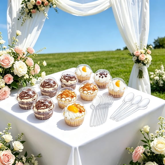 200 Pcs Cupcake Containers and Heavy Duty Spoons Set 100 Clear Plastic Dome Cupcake Boxes and 100 Disposable 6 Inch Spoons for Weddings Parties Catering Christmas Halloween Thanksgiving