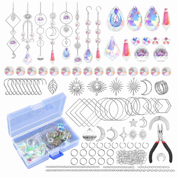 200 Pcs DIY Suncatcher Kit, Iridescent Crystal Prism Supplies with Metal Frame, Pliers & Beads for Window Outdoor Garden Christmas Decor