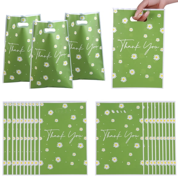 200 Pcs Daisy Party Favor Bags with Handles Bulk Green Floral Gift Bags Durable Plastic Thank You Treat Bags for Weddings Birthdays Corporate Events Party Packaging Supplies
