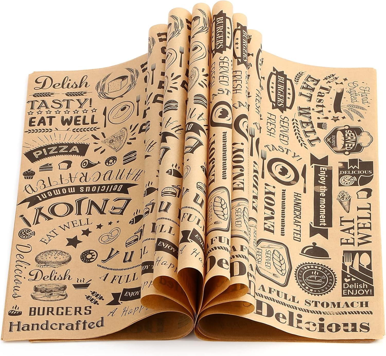 Marspark 200 Pcs Deli Wax Paper Sheets 12 x Inch Square Grease Resistant Tray Basket Liners Hot Dog Wrappers Newsprint Water and Proof Sandwich Wrapping for Food Baking (Brown Black)