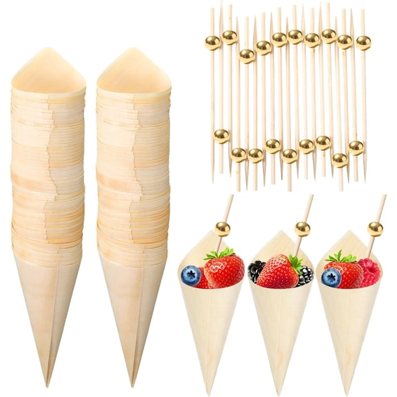 200 Pcs Disposable Wood Charcuterie Cones 5 Inch Wooden Food Ice Cream Cone Pearl Cocktail Picks Fancy Bamboo Toothpicks for Appetizers Holder Drinks Wedding Birthday Party(Glossy Gold)