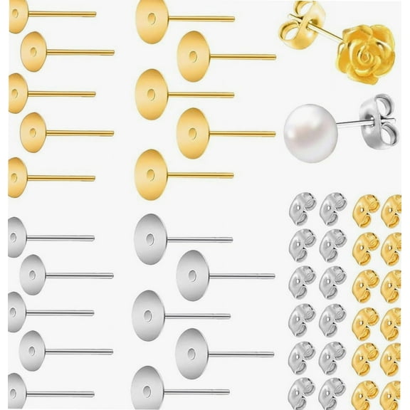 200 Pcs Earrings Posts and Backs Set 6mm/8mm Stainless Steel Earrings Posts Flat Pad Butterfly Earring Posts Earring Base Studs Blank Earring Studs for Jewelry Making DIY (Gold and Silver)