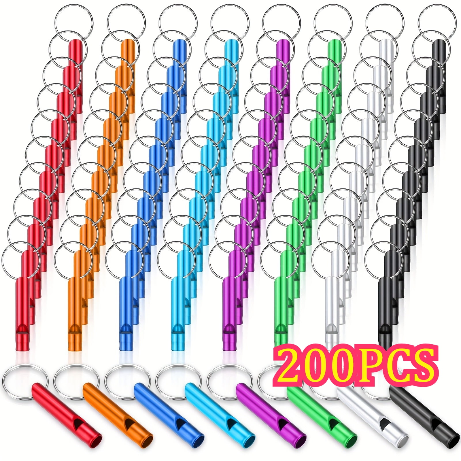 200 Pcs Emergency Whistles with Keychain, Aluminum Alloy Loud Safety Survival Whistle Bulk Set, Waterproof Signal Whistle for Hiking Camping Travel Team Training Outdoor Activities