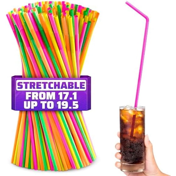 200 Pcs Extra Long Straws Disposable Fun Neon 4 Colors Long Bendy Straws 17" Twist Up to 19.5" Plastic Drinking Straws for Holiday Party Drinks, Odorless Tasteless, Food-Grade Plastic$$