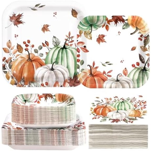 200 Pcs Fall Party Decorations Orange Green Gray Pumpkins Square Plates and Napkins Thanksgiving Paper Plates Watercolor Pumpkin Tableware Set for Fall Thanksgiving Harvest Party Supplies Serves 50