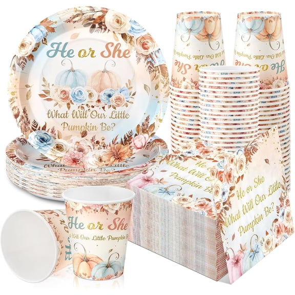 200 Pcs Fall Pumpkin Gender Reveal Baby Shower Party Tableware Set