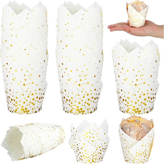 200 Pcs Gold Polka Dot Tulip Cupcake Liners Paper Mini Baking Cups Cupcake Wrappers Muffin Liners for Graduation Wedding Tea Party Bridal Baby Shower Decoration