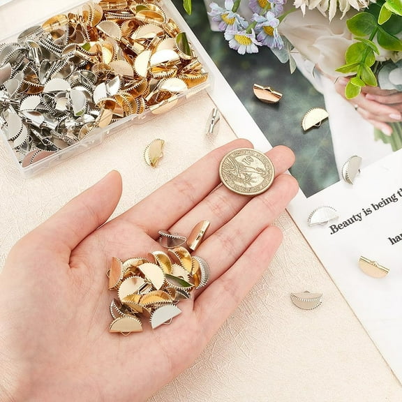 200 Pcs Half Round Ribbon Cord Crimp End Bookmark Pinch Cord End Clasps 15mm Bracelet Pinch Crimp Ends Iron Folding Crimps End for Jewelry Making DIY Choker Necklace Crafting - Gold & Silver DIY