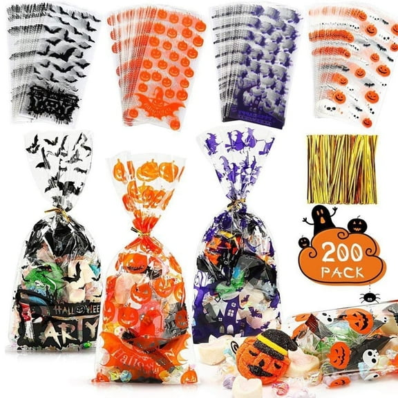 200 Pcs Halloween Cellophane Treat Bags,Multi color Candy Bags Bats Pumpkin and Witch Halloween Goody Bags with Twist Ties for Halloween Party Favor