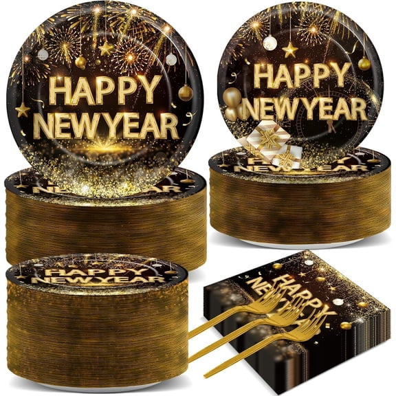 200 Pcs Happy New Years Plates and Napkins Party Supplies Black and Gold 2026 New Year's Eve Disposable Tableware Set with Paper Plates Napkins for NYE Party Celebration Decoration Serves 50