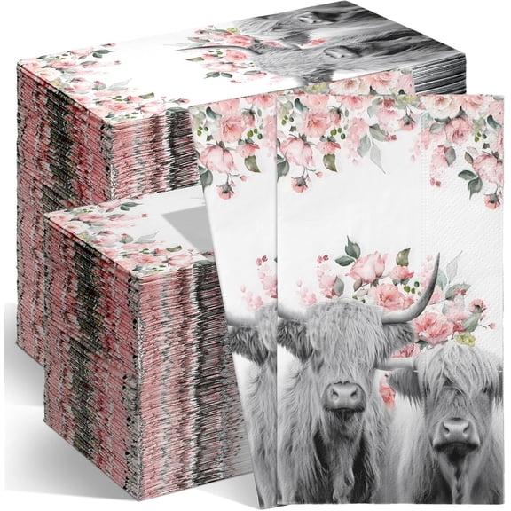 200 Pcs Highland Cow Guest Napkins Cattle Print Napkins Highland Cow Party Decorations 2 Ply Paper Guest Towels for Bathroom Western Flower Disposable Hand Towels for Birthday Holiday Dinner