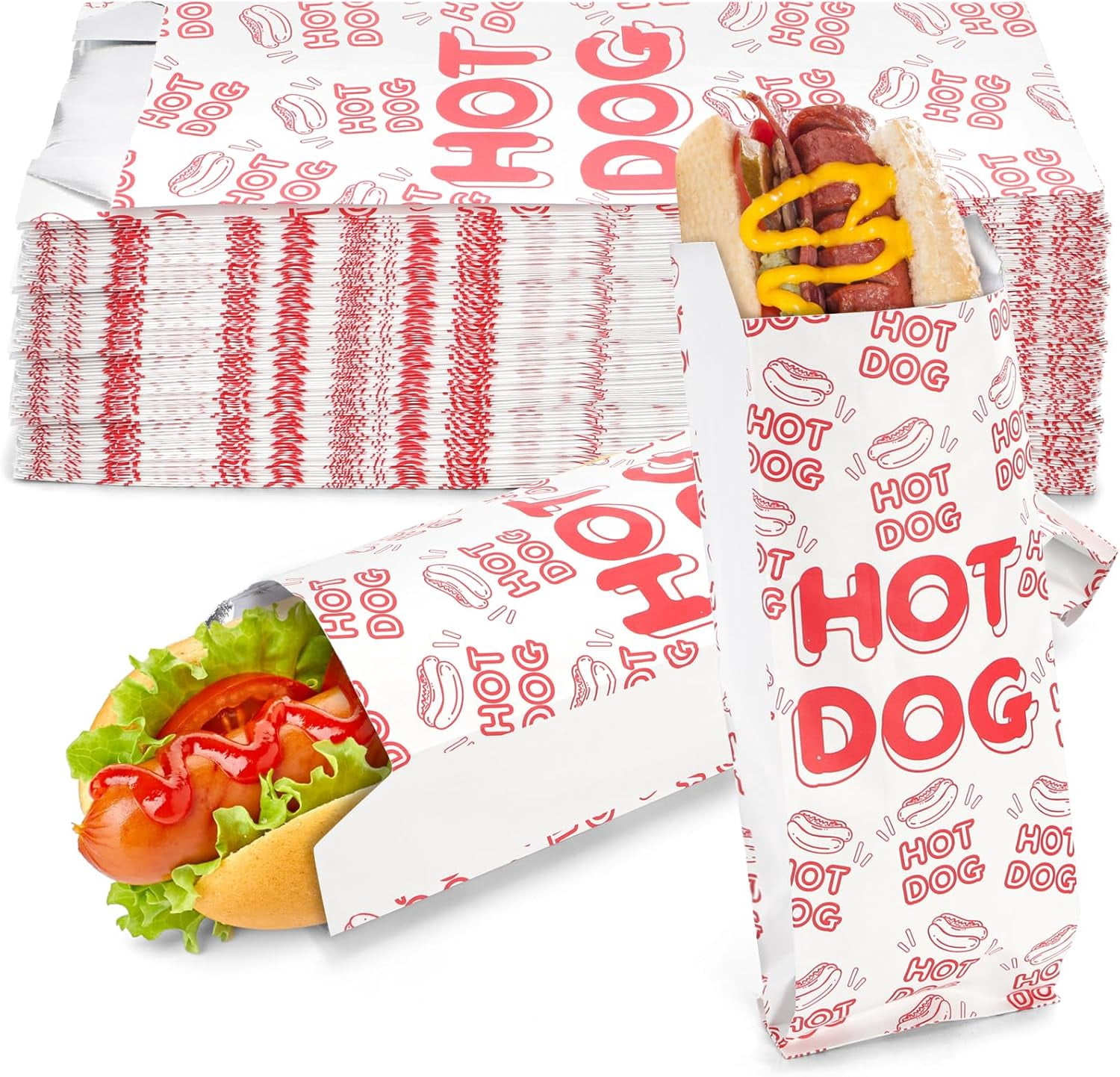 200 Pcs Hot Dog Wrappers, Foil Hot Dog Sleeves, Grease Proof Hotdog Bag, Food Wrapper Disposable for Fast Foods, Food Trucks, Snack Bars, Carnival, 9.4x3.5x1.5 Inches