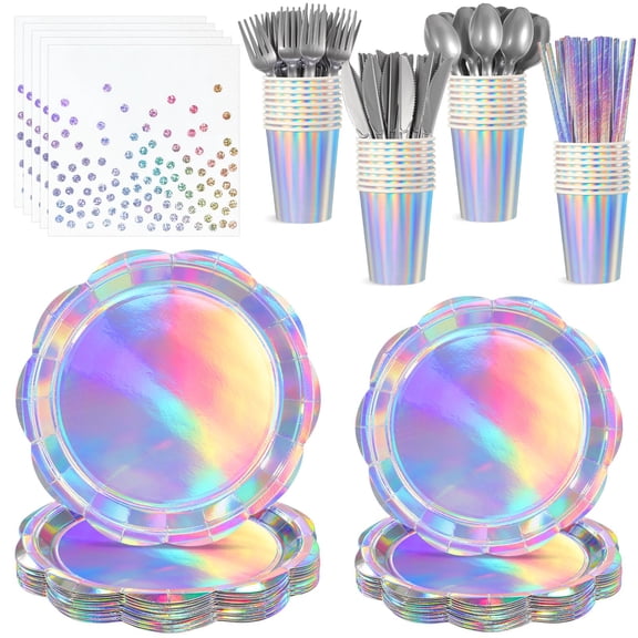 200 Pcs Iridescent Party Supplies Decorations, 25 Guest Scalloped Iridescent Graudation Plates and Napkins Bachelorette Decorations Holographic Tableware for Birthda Bridal Wedding Disco C113