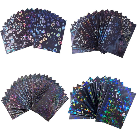 200 Pcs Kpop Photocard Sleeves - Laser Flashing Holographic Card Sleeves with Glass Gemstone & Heart Star Designs for Mini Polaroid Trading Card Protection - 2.6 * 3.6 in