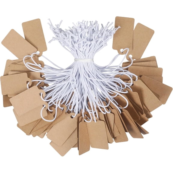 200 Pcs Kraft Price Tags with Elastic String Attached Writable Brown Kraft Paper Tags Hang Tag for Pricing Clothing Jewelry Price Display Labels Blank Merchandise Marking Tag, 1 3/8" x 3/4"