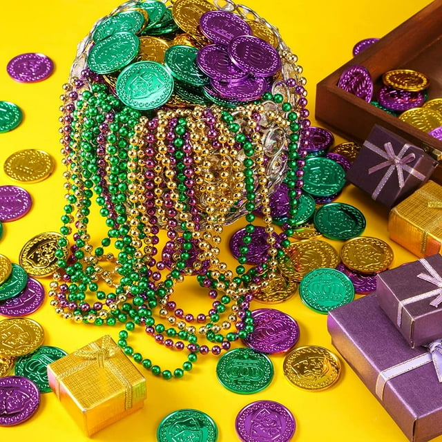 200 Pcs Mardi Gras Plastic Coins and 24 Pcs Mardi Gras Necklace Mardi
