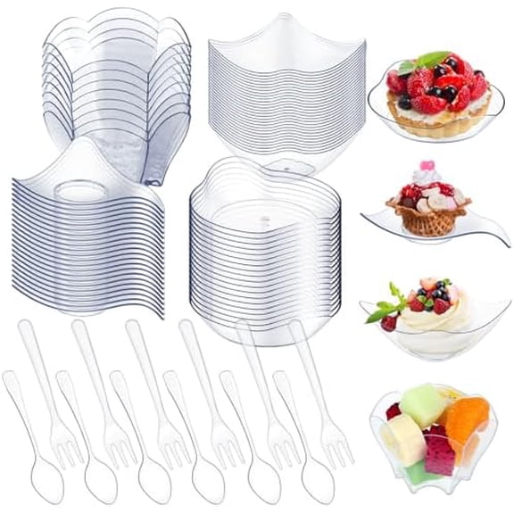 200 Pcs Mini Appetizer Plates with Spoons Forks Disposable Mini Dessert Plates Plastic Appetizer Bowls Tiny Individual Serving Trays for Party (Modern Style,Clear)
