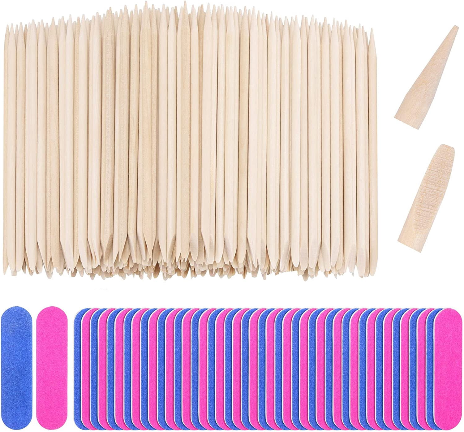 200 Pcs Mini Nail Files and 200 Pcs Orange Sticks, Double Sides Emery Boards Fingernail Files Wooden Cuticle Pusher Stick for Nails