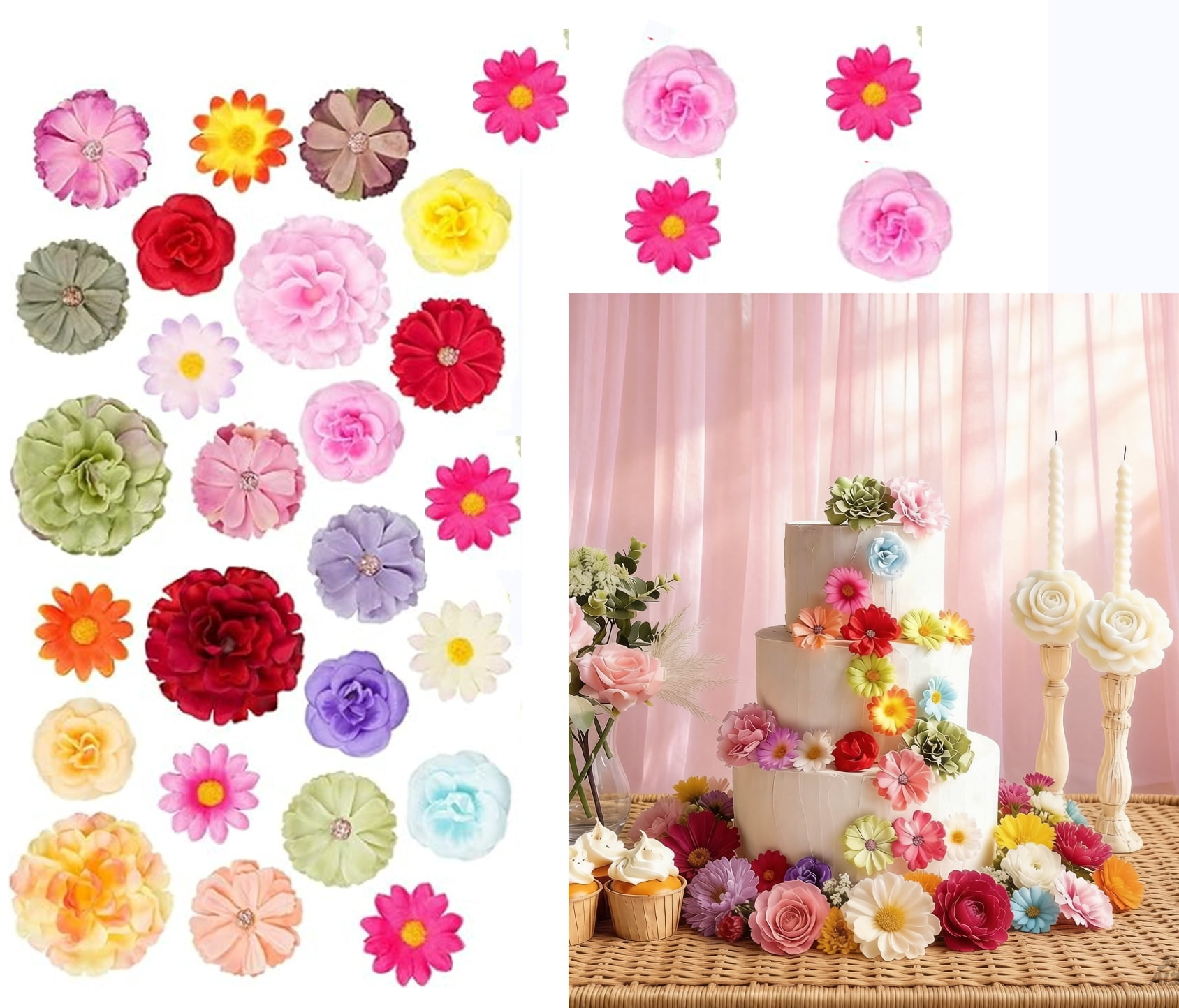 200 Pcs Mini Silk Flower Heads Small Fake Rose Daisy for Crafts Artificial 3D Loose Fabric Flowers Heads for Wedding Hair Cap Dresses Decorations (Bright Colors Mixed)