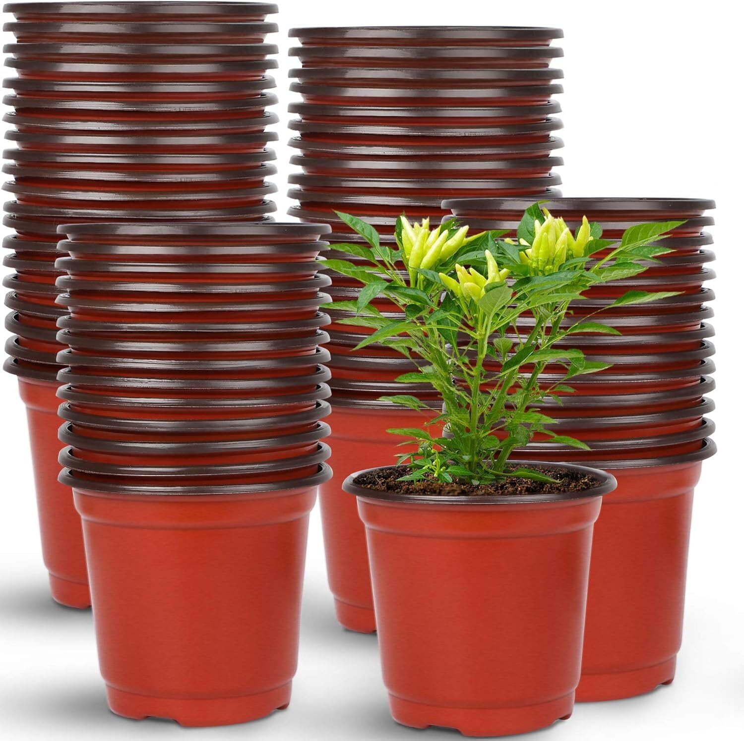 200 Pcs Nursery Pots for Plants,PandaTop 4 Inch Plant Pot for Planting Plastic Seedling Pots with Drainage Holes Seed Starter Pot (Red)