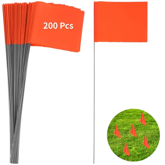 200 Pcs Orange Marking Flags, Flag Marker with 5.5 x 3.9 in PVC Flag and 15-inch Tall Carbon Steel Pole, Highly Visible Survey Utility Lawn Sprinkler Markers, Weatherproof Outdoor Boundary Flags