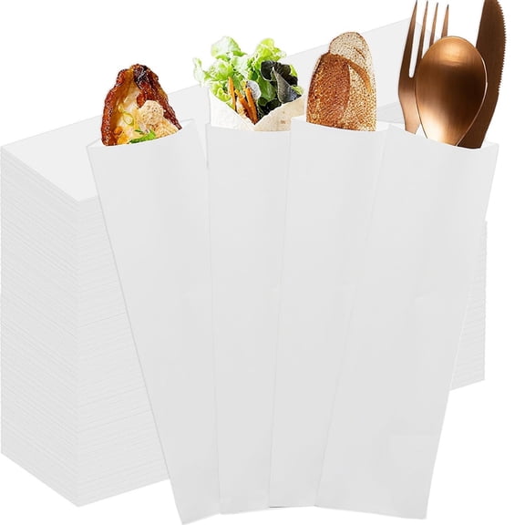 200 Pcs Paper Bags Silverware Bags White Paper Kraft Cutlery Holder Bags Greaseproof Silverware Sleeves Flatware Holder Chopsticks Holder Bag for Wedding Party Tableware,10*4 inch