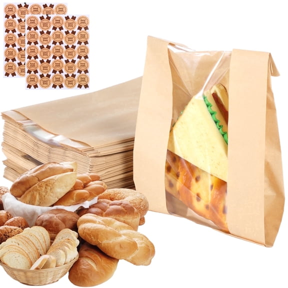 200 Pack Paper Bread Bags with Clear Window & Seal Stickers  Large Kraft Bakery Bags for Homemade Bread, Snacks & Biscuits, Oil-Proof & Tear-Resistant