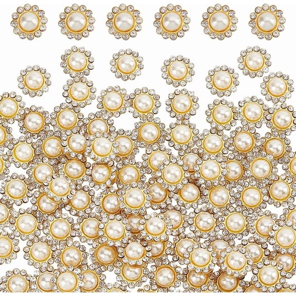 200 Pcs Pearl Buttons Flower Claw Cup Rhinestones Gold Flatback Base Shiny Crystals White Flower Pearl Rhinestone Craft Buttons for Jewelry Sewing Supplies