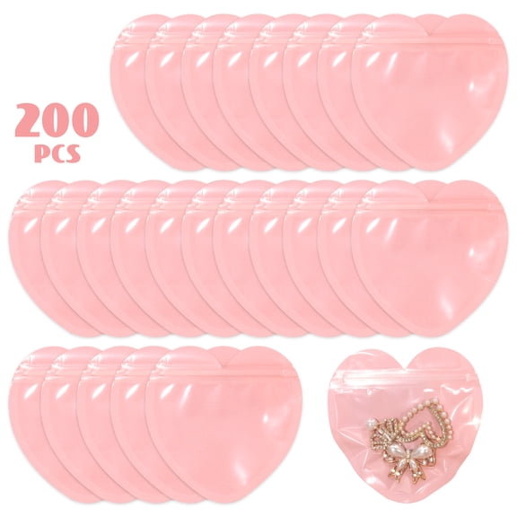 200 Pcs Pink Heart Shaped Jewelry Bags, 4"x4" Small Clear Resealable Ziplock Packaging Bags for Valentine's Day, Business, Gift, Wedding Party Favor Supplies