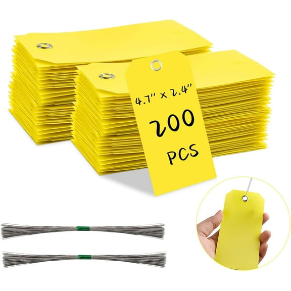 200 Pcs Plastic Shipping Tags with Wire, 4 3/4 x 2 3/8 Waterproof Tags, Plastic Labeling Tags, Wire Hanging Tags with Reinforced Metal Holes for Luggage Garage Equipment Inventory Car Parts