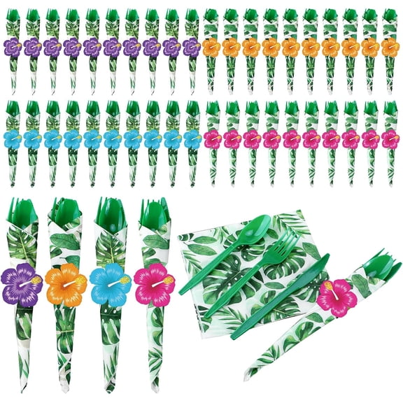 200 Pcs Pre Rolled Luau Party Napkin Cutlery Set Disposable Plastic Cutlery Set with Knives Forks Spoons Napkins Napkin Rings for Summer Hawaiian Tropical Decor Floral Hibiscus Aloha Supplies