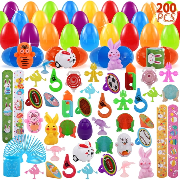 200 Pcs Prefilled Easter Egg Toys Set Include 100 Pastel Color Plastic Eggs Filled with 100 Assorted Mini Novelty Toys and Stickers for Easter Hunt Basket Stuffers, Party Favors for Kids Boys Girls