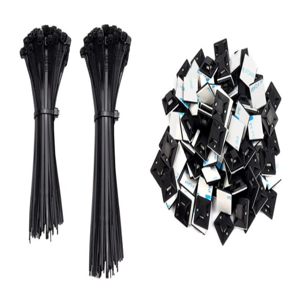 200 Pcs Premium Cable Ties, Multi Use Black Cable Ties with 100 Pcs Self Adhesive Wraps Base Holder Sticky Pads, Ultra Strong Plastic Nylon Strong Zip Ties for DIY, Home, Workshop