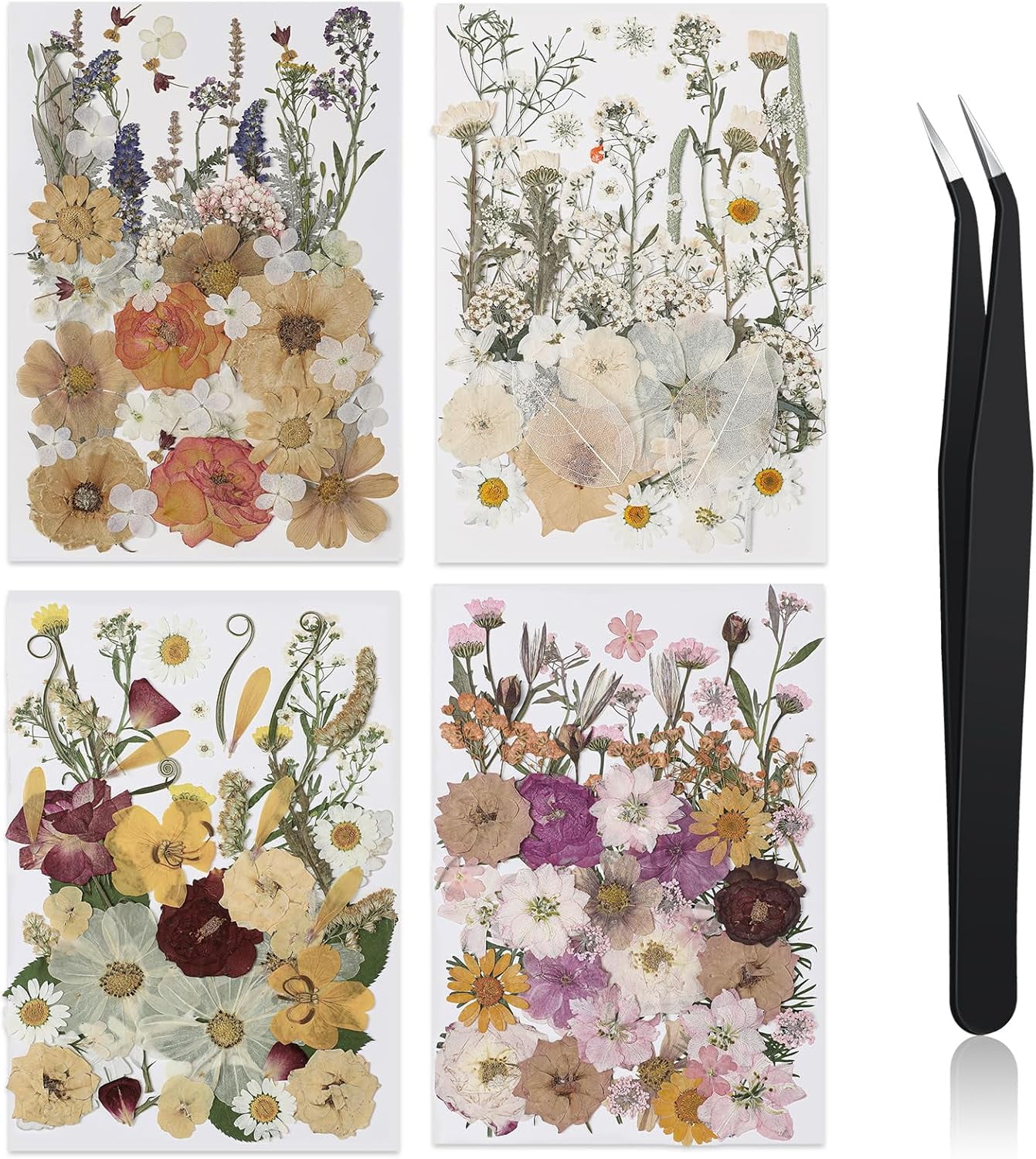 200 Pcs Pressed Flowers Bulk Dried Flower for Craft Resin Mold Bookmark Scrapbooking Nail Cake White Orange Natural Floral with Tweezer DIY Gift(Classic Color,Retro Style)
