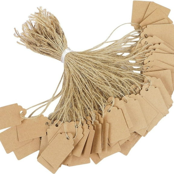 -200 Pcs Price Tag with String Attached Writable Brown Kraft Paper Tags with Jute Twine Hang Tag Price Display Labels for Clothing Jewelry Blank Merchandise Marking Tags, 1.38" x 0.87"