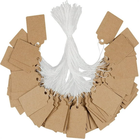 -200 Pcs Price Tags with String Attached 1 Inch Writable Brown Kraft Paper Tags Hang Tag Price Display Labels for Pricing Clothing Jewelry Blank Merchandise Marking Tag, 1.38" x 0.87"