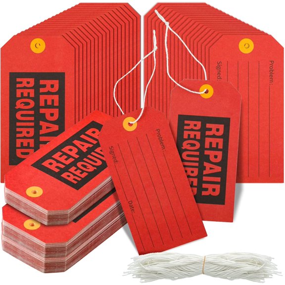 200 Pcs Repair Required Tags, 2.4 x 4.7 inch Red Tags with Wire for Equipment with Cotton String, Mechanic Maintenance Paper Label Bulk with 8 Inch Lines