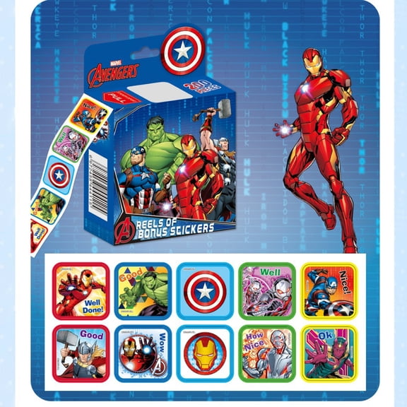 200 Pcs Roll Super Hero Sticker, 1-1/2 Inch Self Adhesive Label Cartoon Stickers for Kids Teacher (Cartoon,8 Patterns)