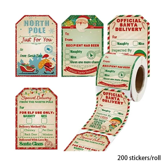 200 Pcs Santa Claus Christmas Gift Tags Stickers Roll 2.3 x 3.34 Inch Christmas Label Sticker Labels North Pole Tags from Santa Self Adhesive for Gifts Wrapping for Xmas Party Decor
