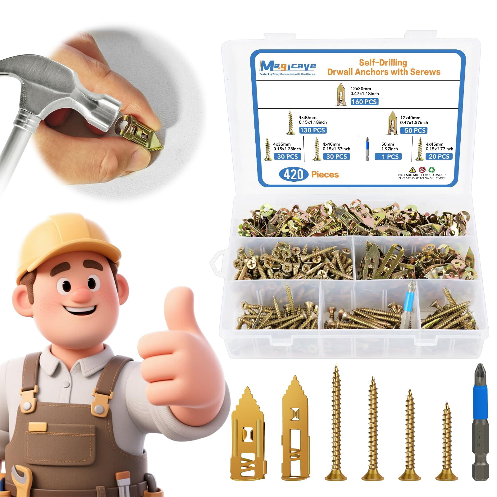 200 Pcs Self Drilling Drywall Anchors with Screws Kit, Metal Expansion Bolt for Drywall,No Drill Or Holes in Wall, Holds Up to 100lbs, for Tv, Shelves, Picture Frames