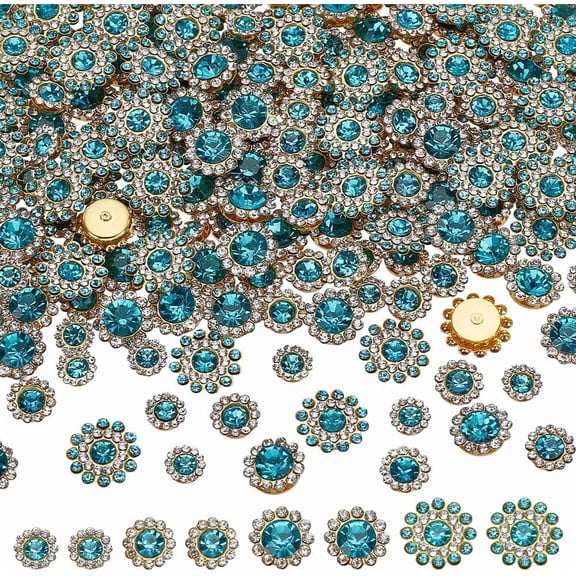 200 Pcs Sew on Rhinestones Glass Gems Metal Claw 4 Size Lake Blue Sunflower Garments Rhinestones for Sewing for Headband Jewelry Craft Clothes Shoes Belt Accessories