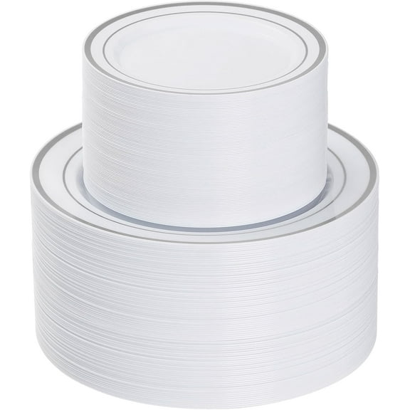 200 Pcs Silver Disposable Plastic Plates 10.25 Inch Dinner and 7.5 Inch Dessert
